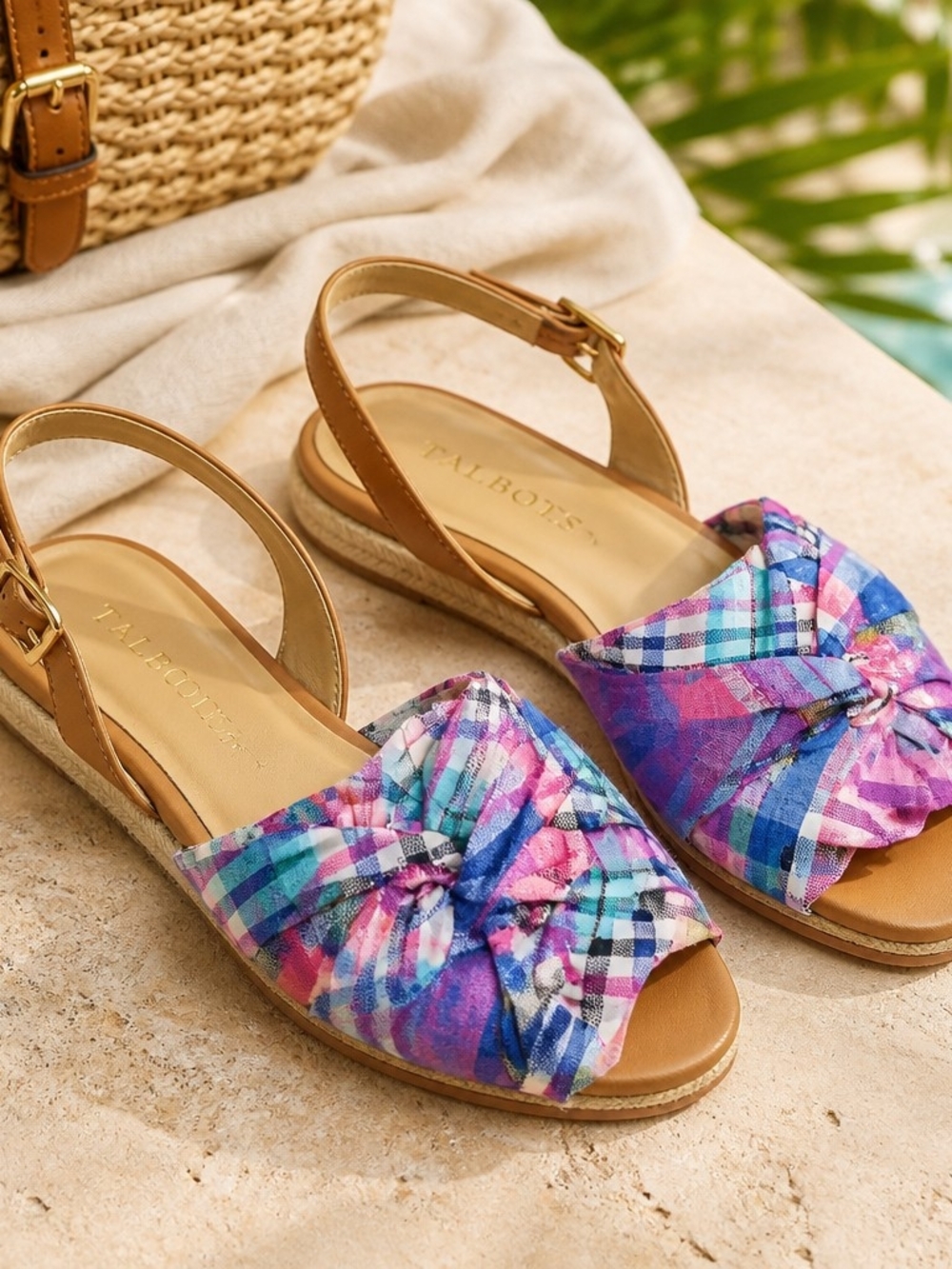 Talbots Multi-Color Plaid Knot Front Espadrille Sandals Size 8M Resort Wear